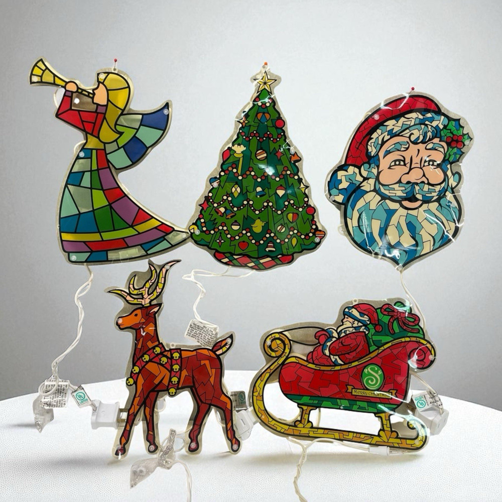 VTG Stained Glass Look Light Up Christmas Decor Lot of 5 MCM Santa Sleigh Angel